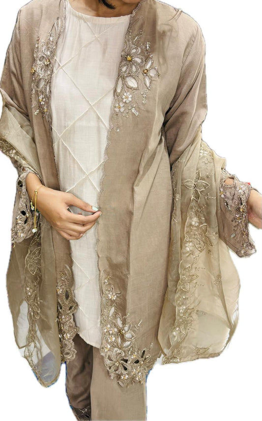 beige and white kurta set