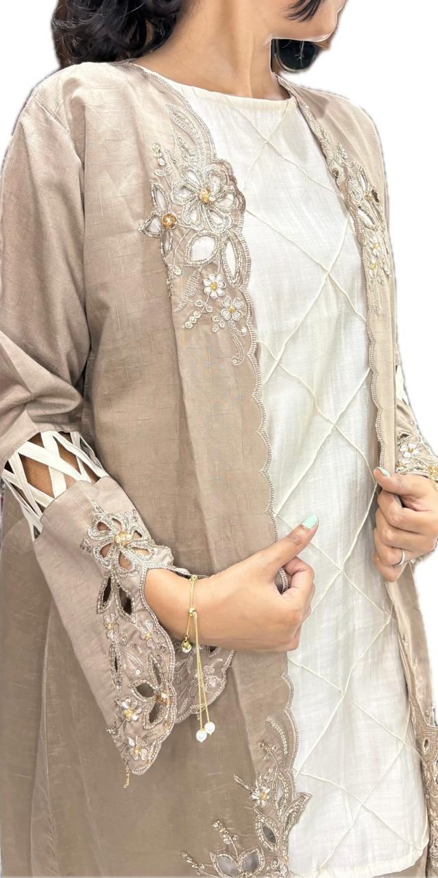beige and white kurta set