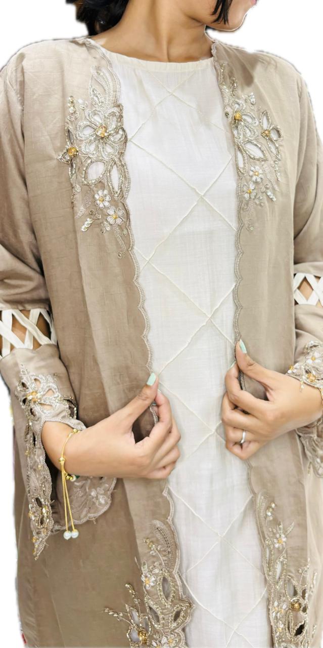 beige and white kurta set