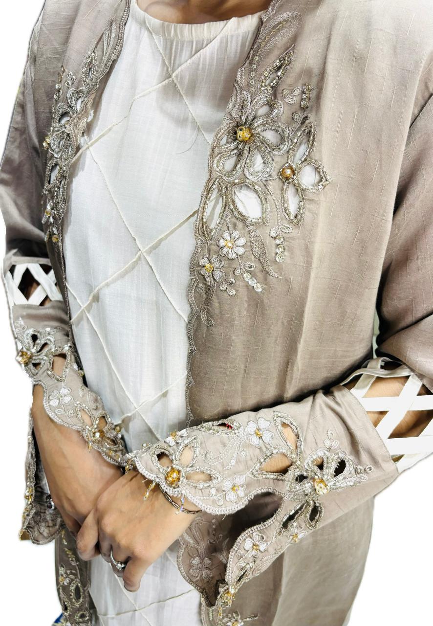 beige and white kurta set